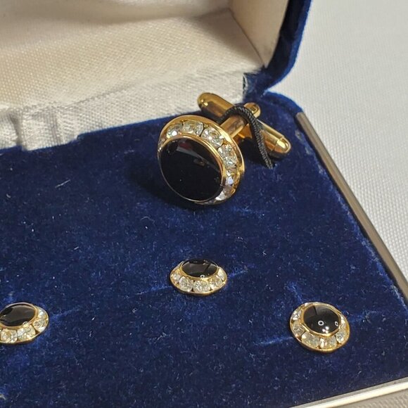 Today's Man Cufflinks Gold-Tone Black Onyx & Crystal Cufflink & Stud Set - Picture 7 of 10